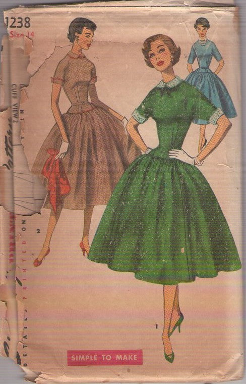 Simplicity 1238 Vintage 50's Sewing Pattern Cocktail Party Dress, Drop Waist, Full Skirt Rockabilly Lucy Dresses, 2 Styles Size 14