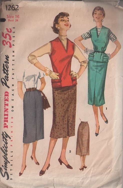Simplicity 1262 Vintage 50's Sewing Pattern Office Separates, Jerkin Top with Flap Pockets, Slim Modest Skirt, Inverted Pleat Size 16