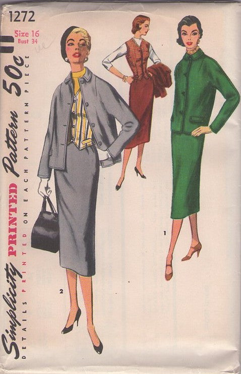 Simplicity 1272 Vintage 50's Sewing Pattern New Look Suit Set, 3 Piece Suit Dress, Slim Pencil Sheath Skirt, Weskit Vest, Boxy Button Up Kimono Sleeves Jacket Size 16
