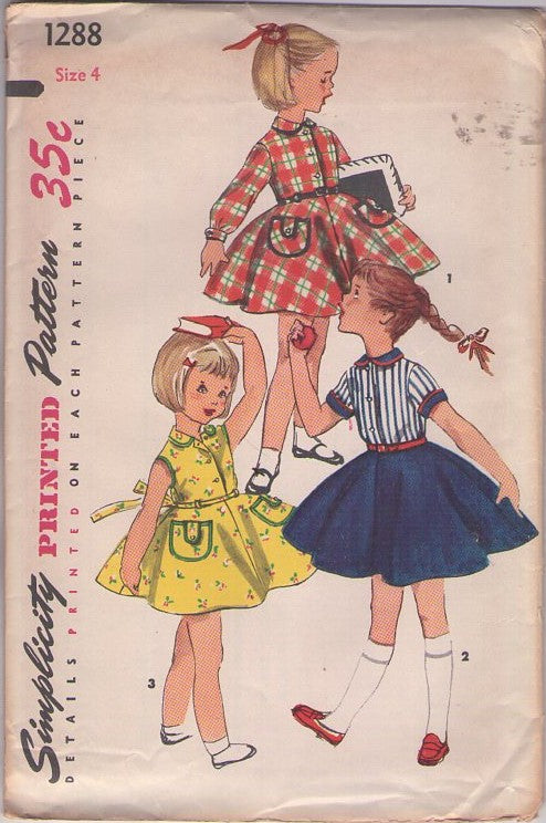Simplicity 1288 Vintage 50's Sewing Pattern Girls' Dresses, Shirtwaist Dress with Snap Pockets, 1 or 2 Tone Fabric, 3 Styles Size 4