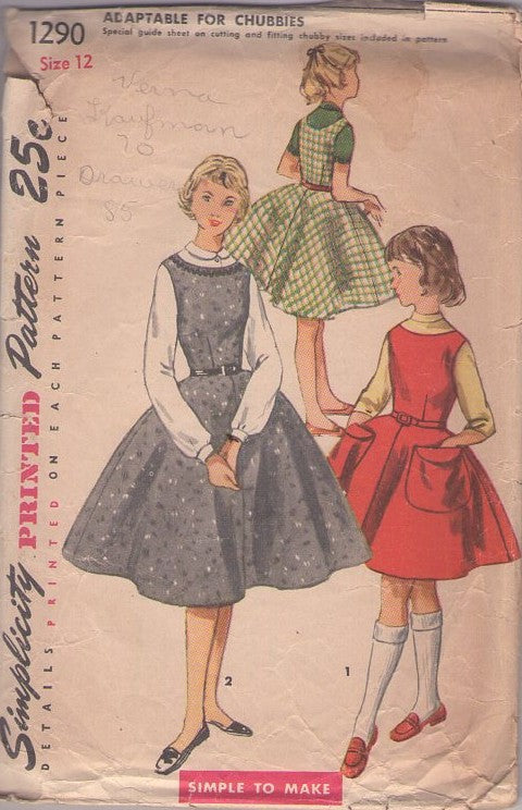Simplicity 1290 Vintage 50's Sewing Pattern Teen Girls' Jumpers, Modest Hairspray Full Flared Skirt Party Dress, School Days Jumper Size 12