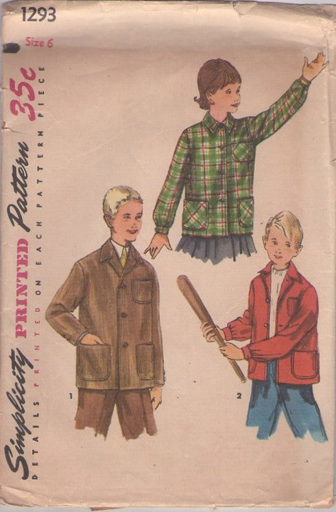 Simplicity 1293 Vintage 50's Sewing Pattern Girls' & Boys' Jackets, Retro Shirt Jacket, Flannel or Corduroy Coat Set Size 6