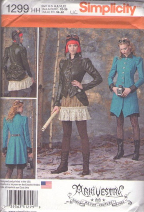 Simplicity 1299 Retro 2014 Sewing Pattern Cosplay Costumes, Arkivestry Haunt Couture Aviator Steam Punk Tie On Bustle or Long Jacket, Buckles, Flounced Skirt Mix & Match Size 6-12