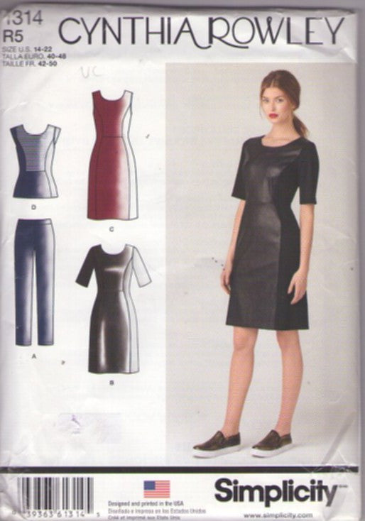 Simplicity 1314 Retro 2014 Sewing Pattern Designer Dress, Unique Fit Designer Cynthia Rowley Waist Cinch Illusion Panel Seams Secretary Day Dress, Cap Sleeve Blouse, Pants Size 14-22