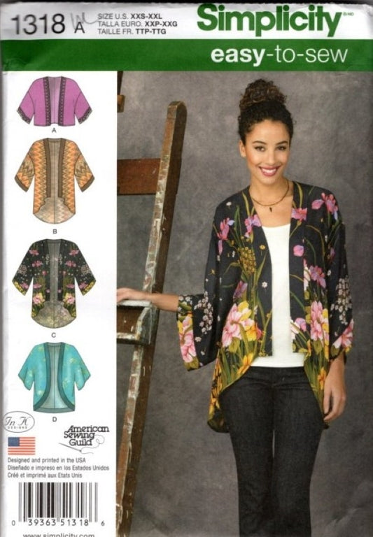 Simplicity 1318 Retro 2015 Sewing Pattern Easy to Sew In K Designs Kimono Jacket, Cover Up Blouse Size XXS-XXXL