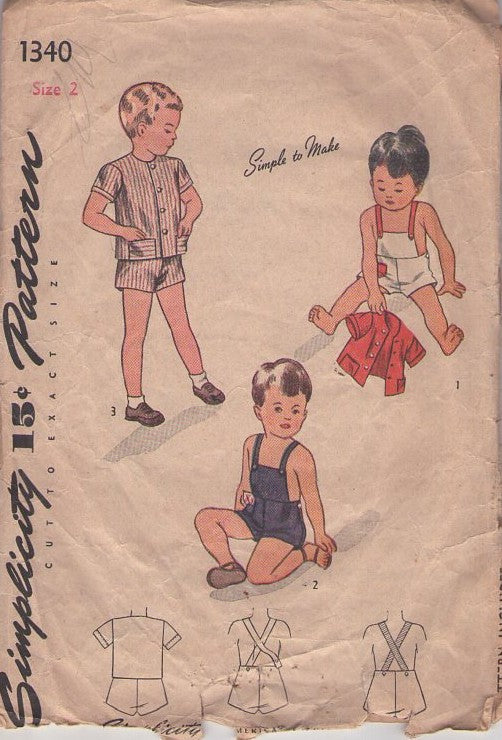 Simplicity 1340 Vintage 40's Sewing Pattern Girls' & Boys' Playsuits, Jacket, Simple to Make, Criss Cross Straps Bib Sunsuit, Suspender Shorts Playsuit, Jacket Top Size 2