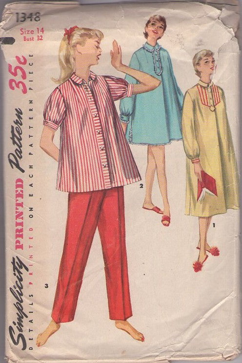 Simplicity 1348 Vintage 50's Sewing Pattern Gidget Style PJs, Retro Modest Slumber Party Pajamas, Nightshirt, Nightgown, Smock Top Blouse & Pants Size 14