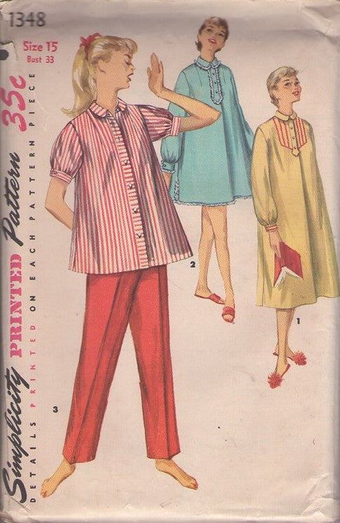 Simplicity 1348 Vintage 50's Sewing Pattern Gidget Style PJs, Retro Modest Slumber Party Pajamas, Nightshirt, Nightgown, Smock Top Blouse & Pants Size 15