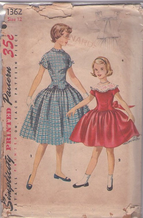 Simplicity 1362 Vintage 50's Sewing Pattern Girl's Dress, First Dance Modest Hairspray Scalloped Basque Waist, Full Skirt Party Dress, 2 Styles Size 12