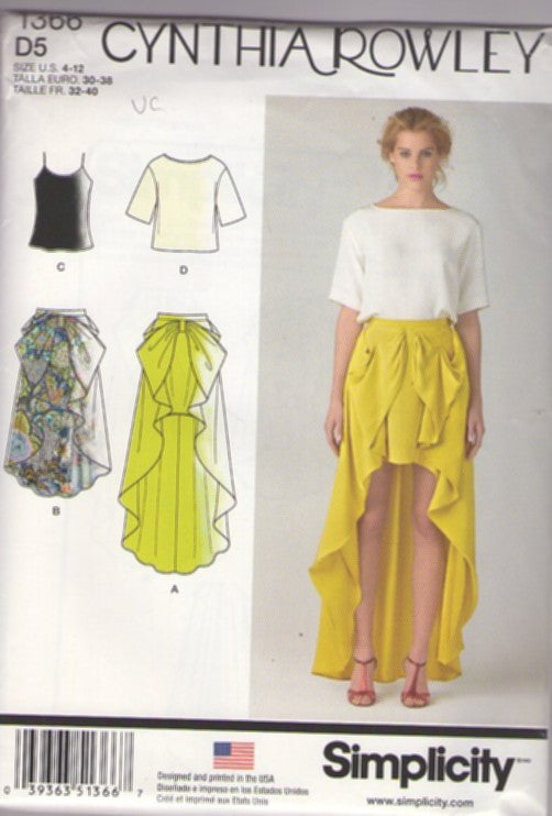 Simplicity 1366 Retro 2014 Sewing Pattern Designer Separates, Cynthia Rowley Camisole Cami Top, Bateau Neck Shirt, Hi Lo Cascading Bow Front Draped Skirt in 2 Lengths Size 4-12