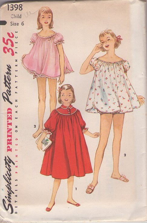 Simplicity 1398 Vintage 50's Sewing Pattern Girls' Pajamas, Vanity Fair Style Puff Sleeve Shortie Pajamas, Flared Tent Top, Bloomers Panties & Nightgown Size 4