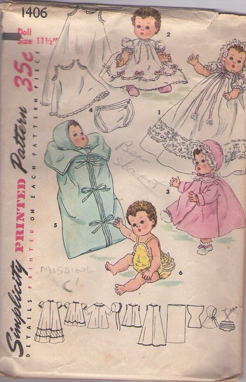 Simplicity 1406 Vintage 50's Sewing Pattern Toy Doll Clothes, Vinyl Doll Wardrobe, Gowns, Romper, Dress, Slips, Coat, Bunting & MORE Size S