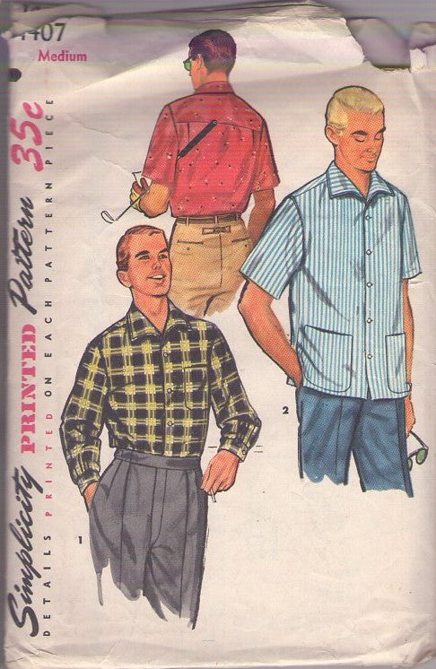 Simplicity 1407 Vintage 50's Sewing Pattern Men's Sport Shirts, Dress Shirt, Wing Collar, Buttons, Pockets 2 Styles Size M
