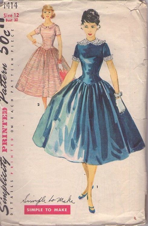 Simplicity 1414 Vintage 50's Sewing Pattern Party Dress Set, Simple to Sew, Pointed Basque Waist Rockabilly Full Gathered Skirt Cocktail Party, Prom Dress Size 12