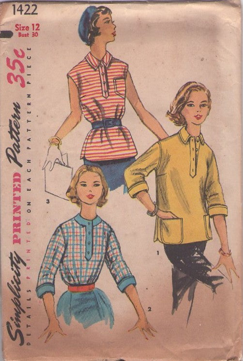 Simplicity 1422 Vintage 50's Sewing Pattern Petite Shirts, Tuck In or Over the Hips Blouse, Shirt, Top Set 3 Styles Size 12