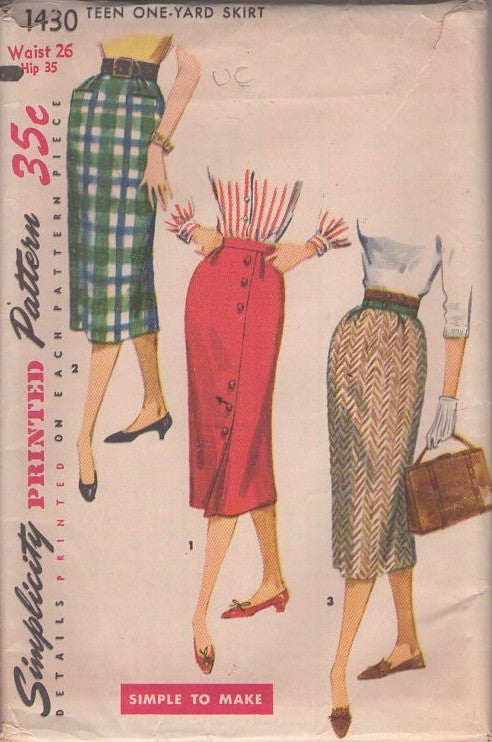 Simplicity 1430 Vintage 50's Sewing Pattern Pencil Skirts, Easy High Waist 1 Yard Sheath Skirt Set, 3 Styles Waist 26 Size S