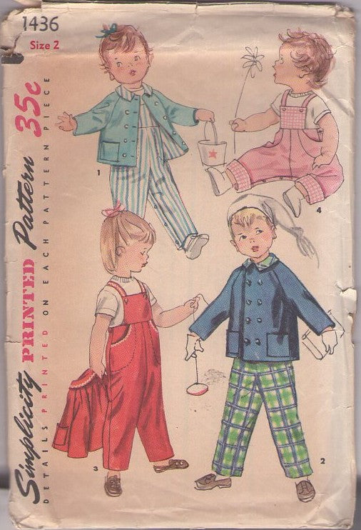 Simplicity 1436 Vintage 50's Sewing Pattern Toddler Separates, Boys & Girls' Raglan Sleeve Coat, Jacket, Coveralls, Snap Options Size 2