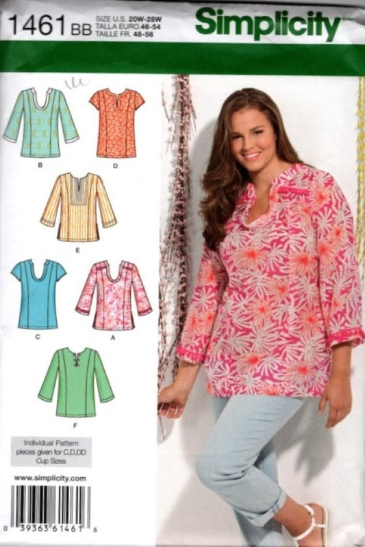 Simplicity 1461 Retro 2014 Sewing Pattern Flowy Pullover Blouse Set, 6 Plus Size Styles Size 20W-28W