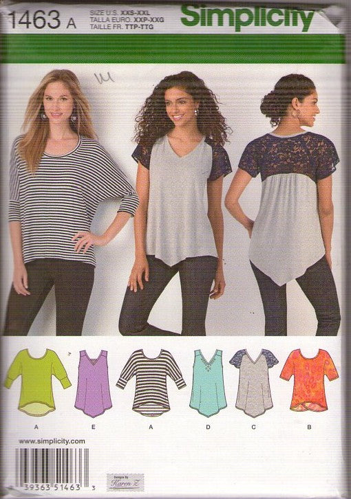 Simplicity 1463 Retro 2014 Sewing Pattern Knit Tops, Sheer Lace Back, Hi Lo, Tank Top, Pullover Shirts, 5 Styles Size XXS-XXL