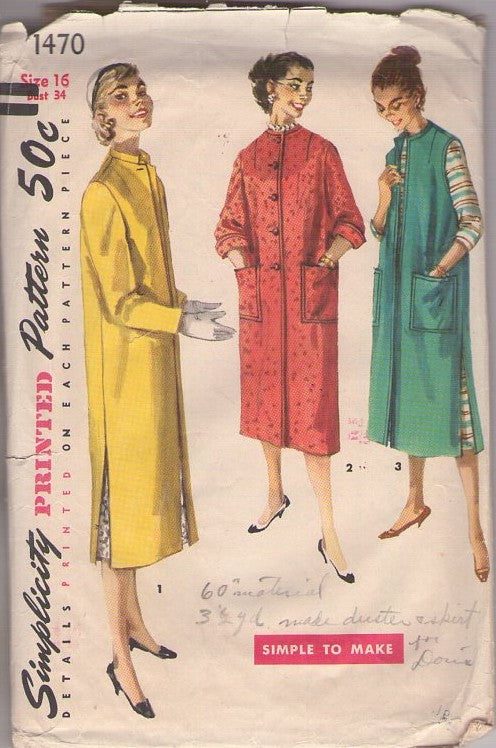 Simplicity 1470 Vintage 50's Sewing Pattern Slim Coat, Vest Coats, Large Pockets Jacket Set, 3 Styles Size 16