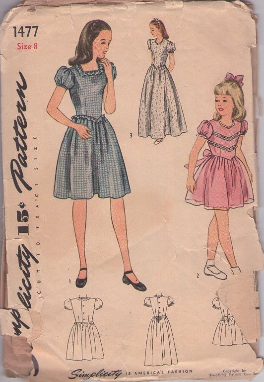 Simplicity 1477 Vintage 40's Sewing Pattern Girls' Dress Set, Basque Waist Flared Skirt Party Dress, Long Bridal Party Formal Evening Gown Size 8