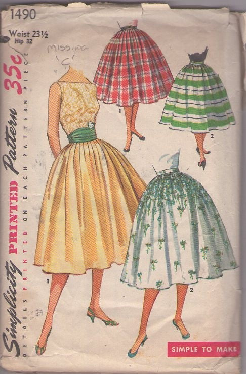 Simplicity 1490 Vintage 50's Sewing Pattern Skirt Set, Full Bell Shaped Pleated Rockabilly Mad Men Fancy Holiday Cocktail Party Skirt Set Waist 23.5 Size XS