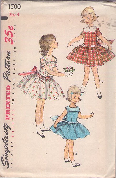 Simplicity 1500 Vintage 50's Sewing Pattern Girls' Dresses, Sailor Collar, Drop Waist, Crumb Catcher Skirt Party Dress Set, 3 Styles Size 4