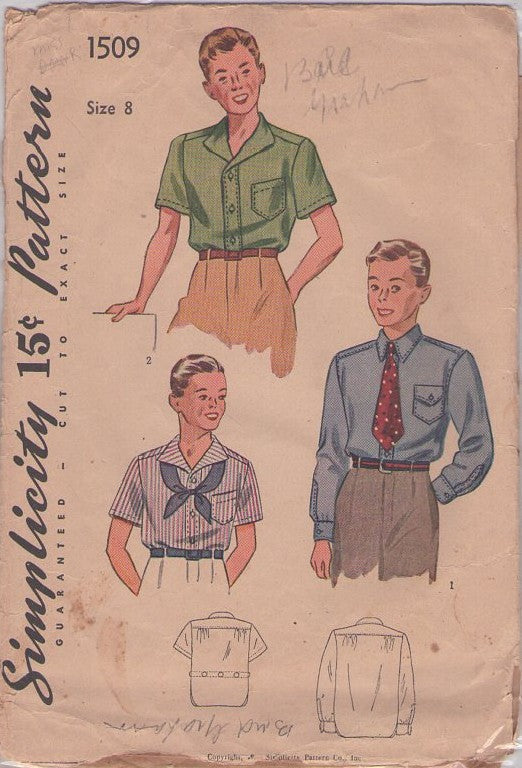 Simplicity 1509 Vintage 40's Sewing Pattern Boys' Shirts, Nautical Gene Kelley Swing Dance Era Wing Collar Sailor Shirt or Dress Shirt Size 8