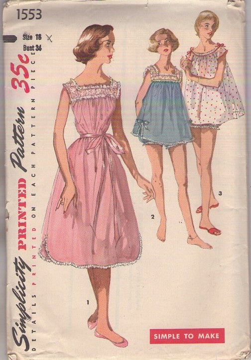 Simplicity 1553 Vintage 50's Sewing Pattern Nightgown & PJs, Shortie Flared Tent Top, Bloomers Panties, Vanity Fair Look Night Gown Size 16