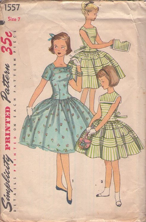 Simplicity 1557 Vintage 50's Sewing Pattern Girls' Dresses, Detachable Sailor Collar, Square Neck, Drop Waist, Tiered Panels Skirt Party Dress Size 7