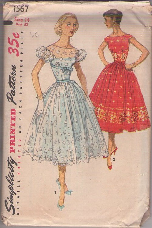 Simplicity 1567 Vintage 50's Sewing Pattern Cocktail Party Dress, Puff Sleeves, Chiffon Overskirt, Special Occasion 2 Styles Size 14