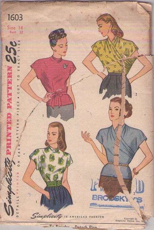 Simplicity 1603 Vintage 40's Sewing Pattern Evening Blouse Set, Faux Wrap Surplice Front, High Neckline Cap Sleeve, 2 Styles for Evening Size 14