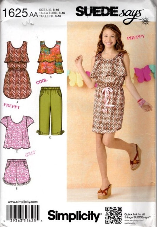 Simplicity 1625 Retro 2013 Sewing Pattern Suede Says Preppy Separates, Summer Blouson Mini Dress, Tiered Top, Shorts, Capri Pants Size 8-16