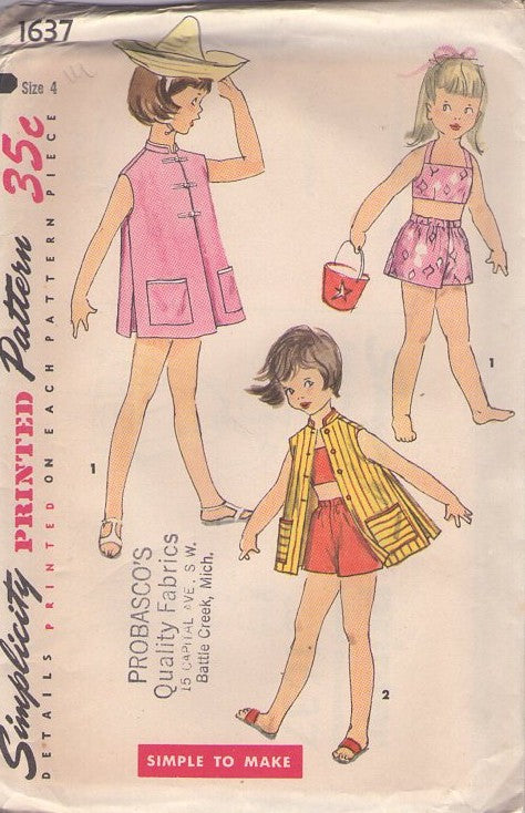 Simplicity 1637 Vintage 50's Sewing Pattern Toddler Girls' Separates, Modest Bikini Beach Wear, Halter Bra Top, Shorts, Nehru Frog Collar Beach Coat, Jacket Top Size 4