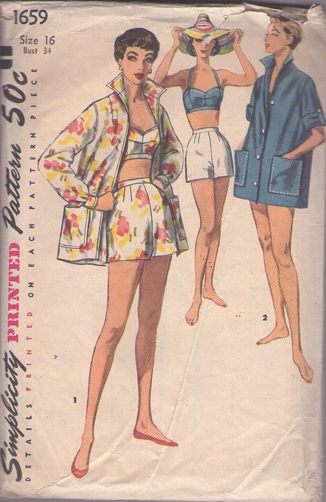 Simplicity 1659 Vintage 50's Sewing Pattern Rockabilly Playsuit, Summer Bra Top, Shorts, Beach Jacket Cover Up Size 16
