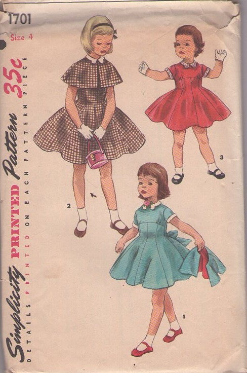 Simplicity 1701 Vintage 50's Sewing Pattern Girls' Dress, Cape, Modest High Yoked Flared Full Panel Cut Skirt School Dress, Capelet Collar, Cuffs Size 4