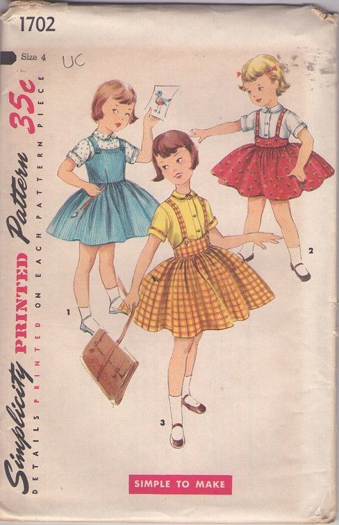 Simplicity 1702 Vintage 50's Sewing Pattern Girls' Jumper, Skirt, Blouse Set, Peter Pan Collar Button Up Blouse, Jumper Dress, Suspender Skirt, High Waist Size 4