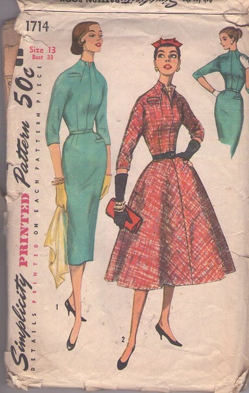Simplicity 1714 Vintage 50's Sewing Pattern Day Dresses, High Stand Up Funnel Neckline Kimono Sleeve Sheath Dress, Lucy Rockabilly Party Dress Size 13