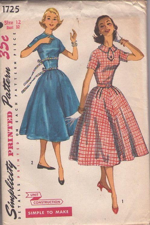 Simplicity 1725 Vintage 50's Sewing Pattern Day Dress Set, Simple to Make, Rockabilly Flared Full Skirt Party Dress Set Size 12