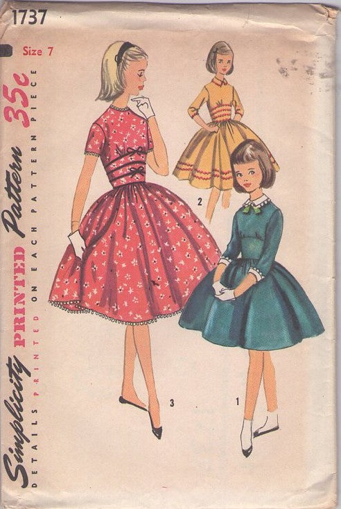Simplicity 1737 Vintage 50's Sewing Pattern Girls' Dresses, Cinched Wide Midriff, Full Circular Skirt School or Party Dress, 3 Styles, Rick Rack Trim Size 7