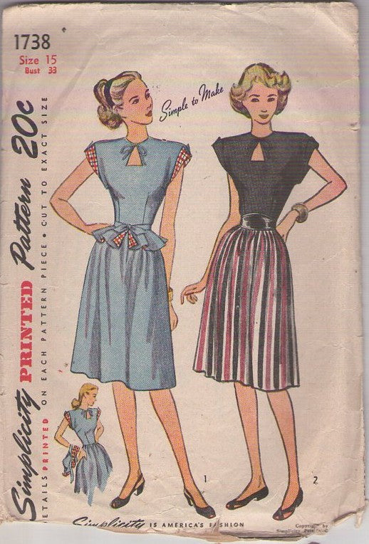 Simplicity 1738 Vintage 40's Sewing Pattern WW2 Era Day Dress, Keyhole, Peekaboo Neckline, Tie On Peplum Skirt, 2 Styles Size 15