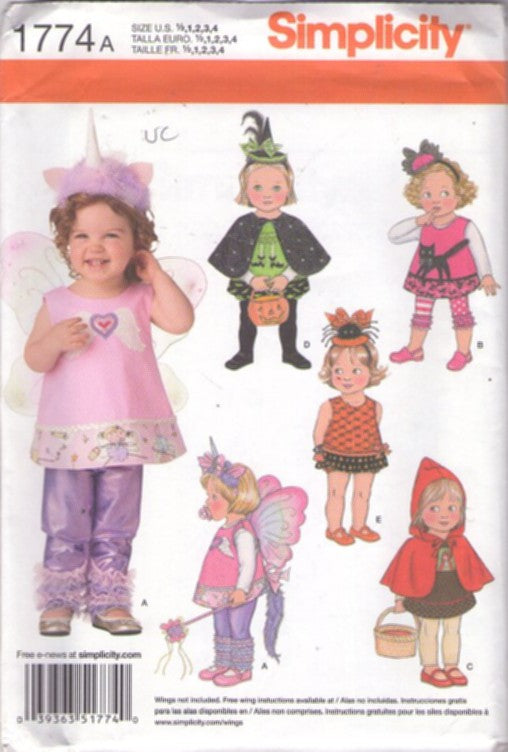 Simplicity 1774 Retro 2012 Sewing Pattern Dress Up Costumes, Girl's Apron Top, Leggings, Rhumba Panties, Capes, Headband Hats Size 1/2-4