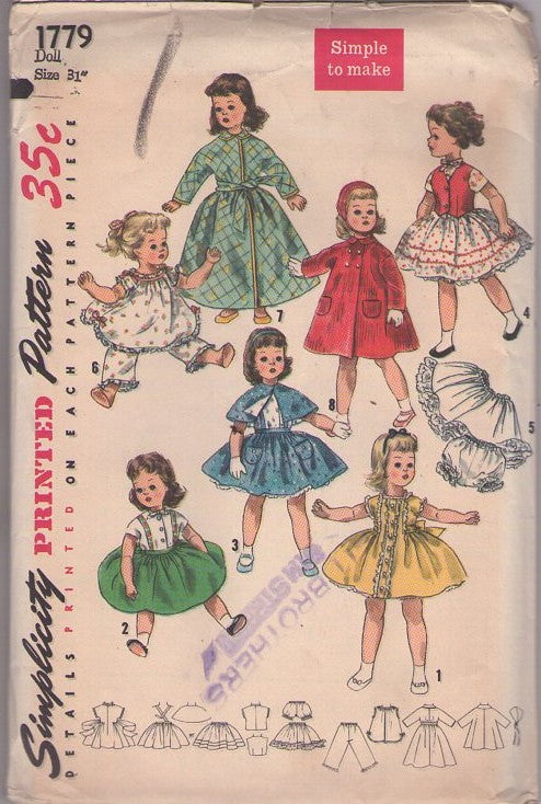 Simplicity 1779 Vintage 50's Sewing Pattern Toy Doll Clothes, Vinyl Doll Wardrobe, Simple to Make, Dress, PJs, Coat, Slips, Robes & MORE Size 31