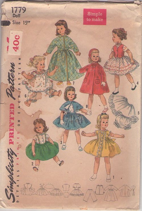 Simplicity 1779 Vintage 50's Sewing Pattern Toy Doll Clothes, 15" Vinyl Doll Wardrobe, Simple to Make, Dress, PJs, Coat, Slips, Robes & MORE Size 15