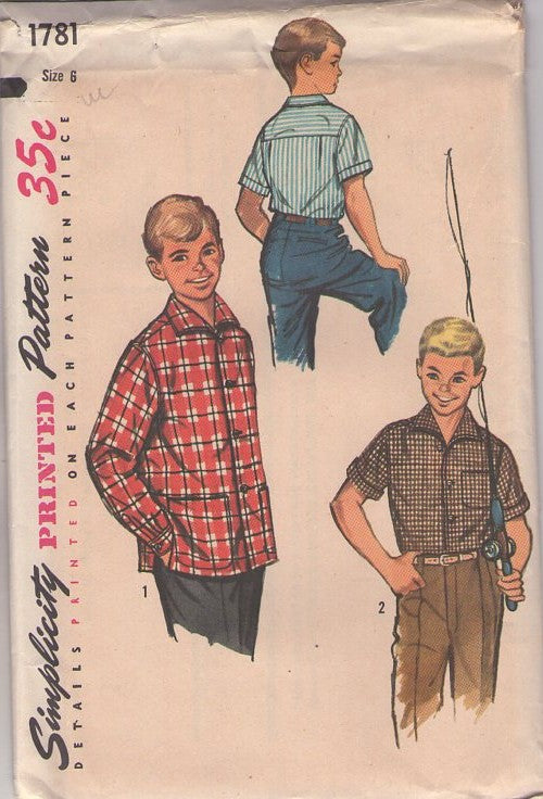 Simplicity 1781 Vintage 50's Sewing Pattern Boys' Separates, Classic Leave It To Beaver Wing Collar Flannel Hunting Shirt, Dress Shirt, Sports Shirt Set 2 Styles Size 6