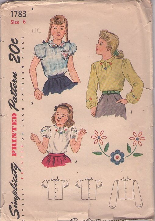 Simplicity 1783 Vintage 40's Sewing Pattern Girls' Blouses, Puff or Long Sleeve Back Buttoned Blouse Set, Floral Embroidery Size 6