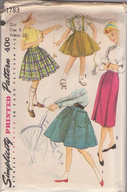 Simplicity 1783 Vintage 50's Sewing Pattern Girls' Skirts, School Days Skirt Wardrobe, Slim, Circle, Flared, Pockets, Suspenders, Pleats Size 8