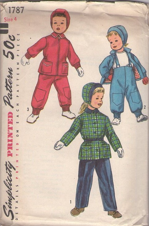 Simplicity 1787 Vintage 50's Sewing Pattern Boys' & Girls' Separates, Snow or Ski Jacket, Suspender Pants with Cuffs & Pockets, Trousers, Brim Chin Strap Hat Size 4