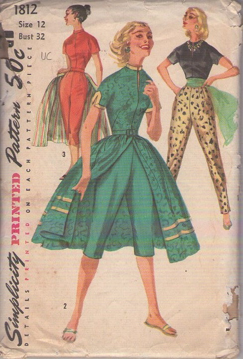 Simplicity 1812 Vintage 50's Sewing Pattern Rockabilly Separates, Asian Inspired Blouse Top, Capri Pants or Ankle Biters Pants, Rockabilly Overskirt Size 12