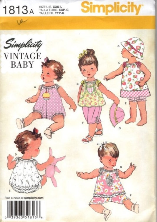 Simplicity 1813 Retro 2012 Sewing Pattern Vintage Baby Wardrobe, Romper, Sunsuit, Bucket Hat, Bloomers Shorts, Tops, Dress Size XXS-L